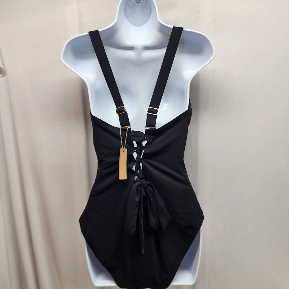 Shapellx Black Ruched V-Neck Swimsuit Tummy Control Shaping Women's Large - Picture 4 of 12